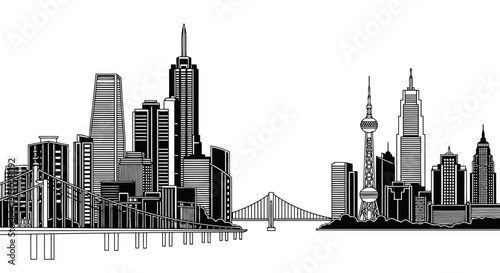 A black and white cityscape illustration featuring iconic skyscrapers and bridges.