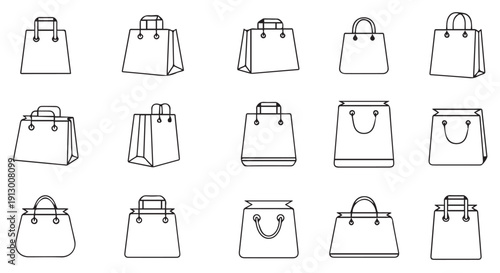 Collection of 15 diverse shopping bag icons in various styles on a white background for retail and e commerce use.