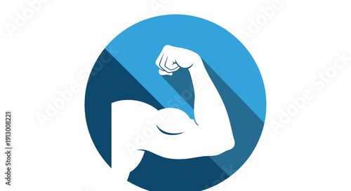 Stylized graphic icon of a strong flexed bicep arm muscle inside a blue circle