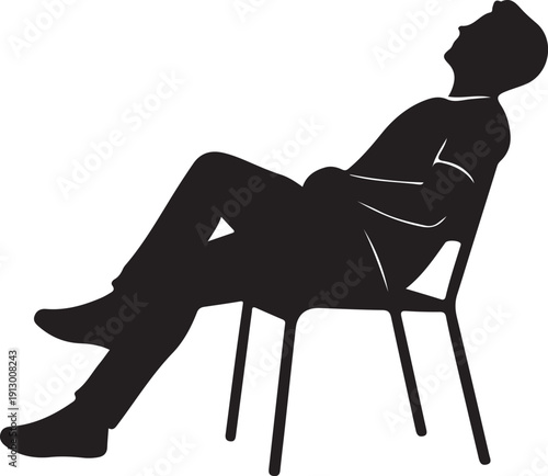 Black silhouette of a relaxed person sitting on a chair on a white background, minimal outline
