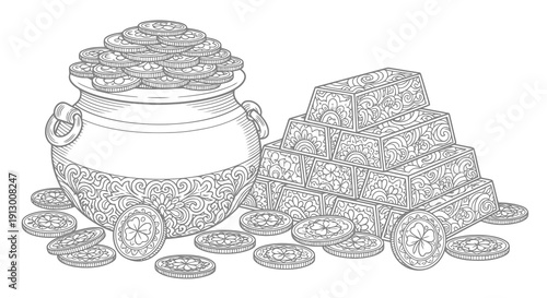 A sketch of a pot and cart overflowing with coins and treasure.
