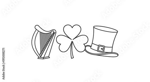 A simple line drawing featuring irish symbols including a harp, shamrock, and top hat.