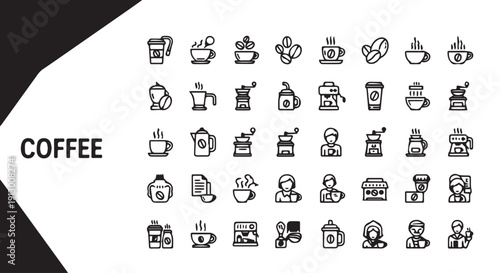Collection of 30 coffee themed icons, including cups, beans, and baristas, in a minimalist black and white design on a white background.