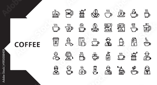 Collection of 30 coffee themed icons, including cups, beans, and baristas, in a minimalist black and white design.