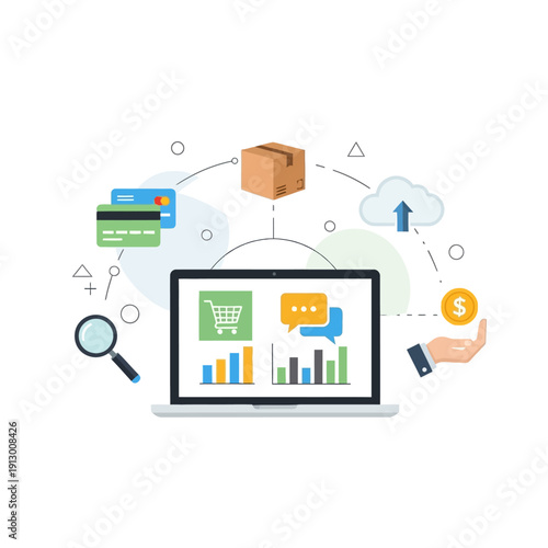 Laptop with ecommerce graph charts.