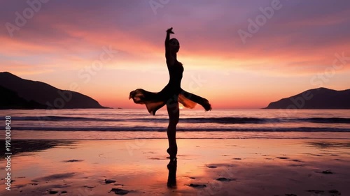 Graceful ballet dancer silhouetted against a breathtaking sunset on a serene beach.