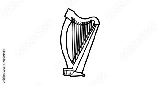 A simple black and white line drawing of a harp on a white background.