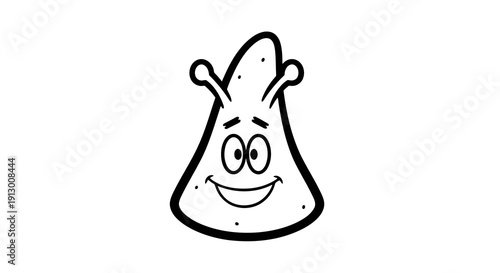 A cartoon character with a smiling face and a pointed top, resembling a friendly blob.