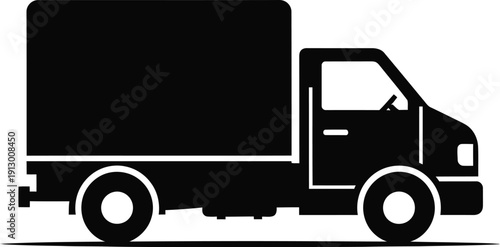 Single black courier truck in minimal flat vector style on road