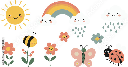 A colorful spring nature illustration featuring a floral pattern of Easter eggs, garden flowers, and butterflies under a sunny sky in a cartoon vector art design