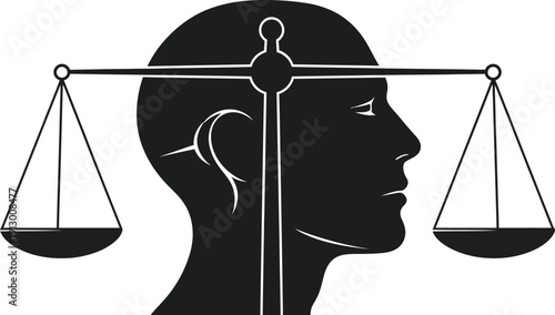 Profile of a human head overlaid with the scales of justice symbolizing balanced thought and ethical decision making.