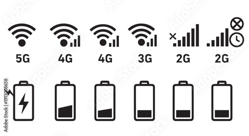 Mobile network and battery icons for 5G, 4G, 3G, 2G signal strength and low battery levels.