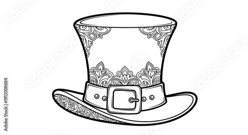 A simple black and white drawing of a pilgrim hat with intricate designs.