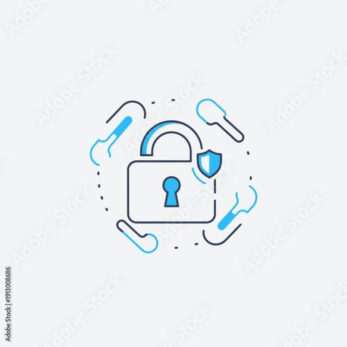 Padlock with shield and security icons.