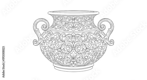 An intricately designed ancient vase with ornate handles and detailed patterns.