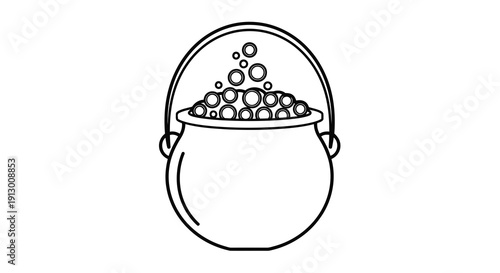 A simple black and white drawing of a pot filled with boiling water and bubbles.