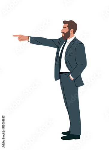 Flat vector illustration of a businessman in suit pointing forward, profile view. Clean modern minimalist style with bold outlines, isolated on transparent background.
