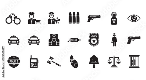 Collection of black and white law enforcement icons including police officers, vehicles, weapons, and justice symbols.