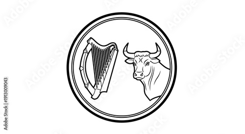 A simple line drawing of a harp and a bull's head within a circular border.