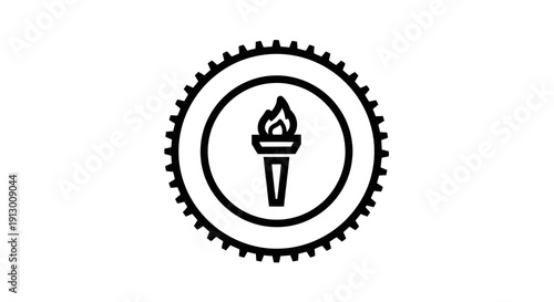 A black and white logo featuring a torch within a cogwheel design.