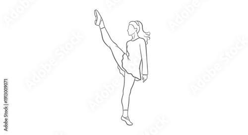 A simple line drawing of a gymnast performing a dynamic pose with one leg raised.