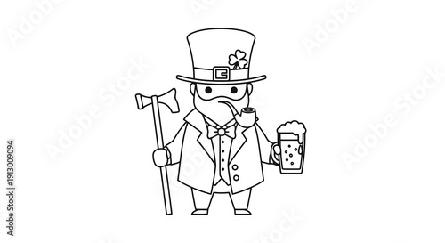 A cartoon character dressed as a leprechaun enjoying a beer with a shamrock on his hat.