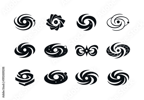 The role of gravity in space and astrophysics. Icon set. Set Logo of the role of gravity in space and astrophysics: galaxy spiral core.