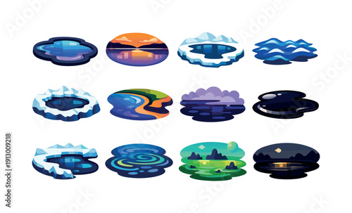 Methane Lakes. Colorful flat vector icons set of Methane Lakes: liquid lake, reflective surface, icy shore, hydrocarbon waves, polar basin,