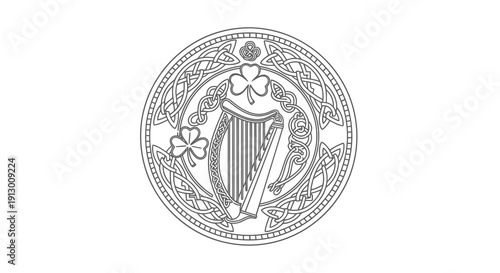 Official seal featuring a harp surrounded by intricate designs and patterns.