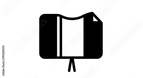 A simple black and white icon of an open book on a stand.