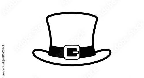 A simple black and white illustration of a top hat with a buckle.