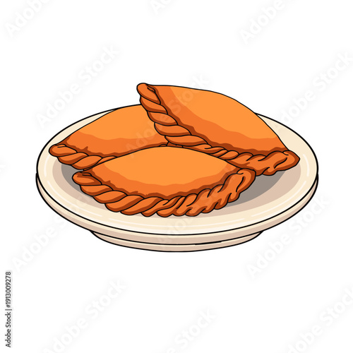 Indonesian fried pastel or empanada on a plate vector illustration. Hand drawn delicious golden fried pastry on plate isolated