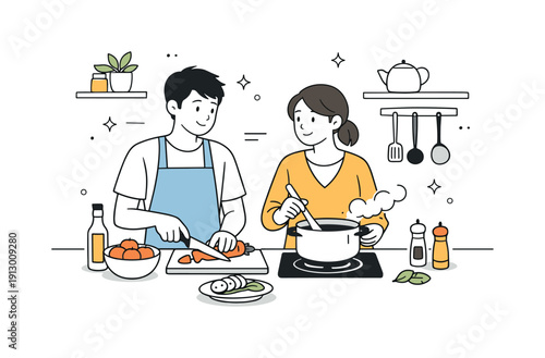 Cozy Cooking Moment. Couple cooking together at home. A couple calmly preparing dinner side by side in a cozy kitchen, sharing a quiet moment and