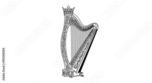 A detailed illustration of a traditional harp instrument in a simple style.
