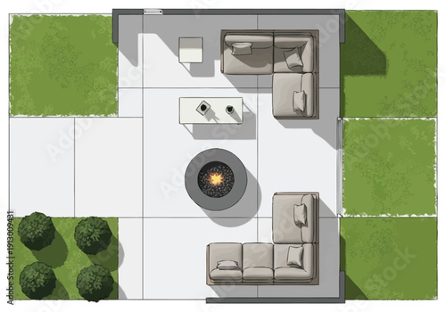 Modern Outdoor Living Space With Sectional Seating Arrangement And Fire Pit Feature Ideal For Backyard Relaxation And Entertainment furniture icons