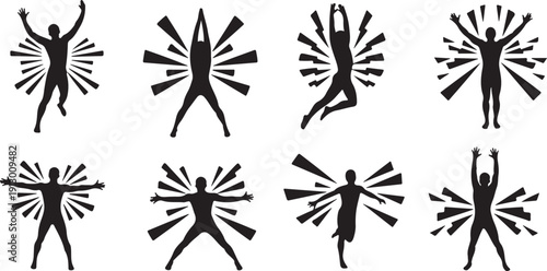 Silhouettes of people in various dynamic dance movements depicted