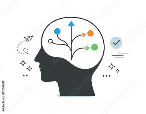 Neural pathways and choice. An abstract editorial scene with a human silhouette and branching lines inside the head, symbolizing different