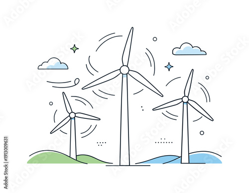 Wind turbine blades. Large wind turbine blades slowly rotating against a clean sky, emphasizing renewable energy and calm motion. Peaceful,