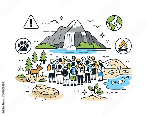 Ecological impact of mass tourism. A crowded natural landmark with many visitors contrasts with fragile landscapes, showing pressure on the