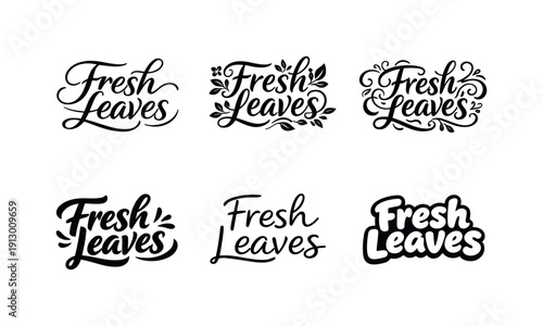 Fresh leaves text design. Set lettering. harmonious lettering variations of the same emblematic concept, each with different artistic