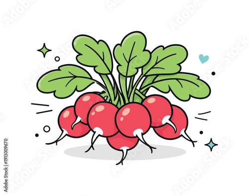 Radish bunch. Radishes gathered loosely with leafy greens spreading gently outward, creating a light and organic composition. The mood is