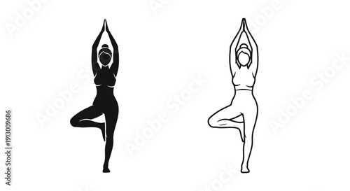 Yoga poses, woman in tree pose, meditation, fitness, health, wellness, balance, strength Vector