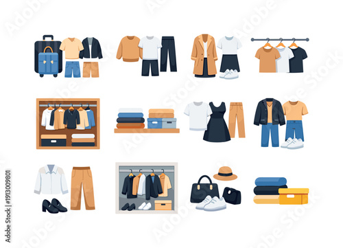Minimal Wardrobe. Colorful flat vector icons set of Minimal Wardrobe: capsule wardrobe set, limited clothing selection, neutral outfits,