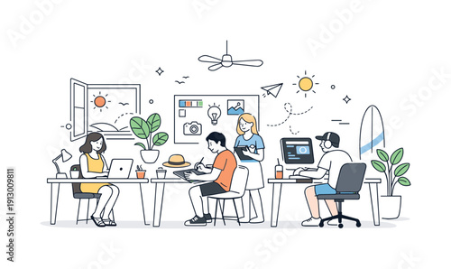 Creative agencies in summer mode. Bright studio workspace with designers working calmly, open windows and plants suggesting warm weather.