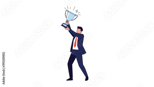 Victorious businessman in a suit holding a silver trophy cup high above his head to celebrate a successful achievement.