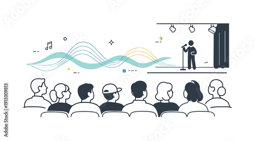 Live event audiences. Crowd seated and watching a stage performance, faces turned toward the spotlight. Calm collective attention with soft