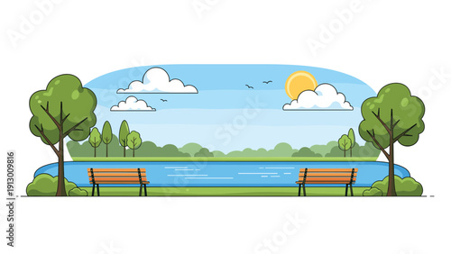 Two wooden park benches overlook a serene blue lake surrounded by lush green trees under a sunny sky with soft clouds.