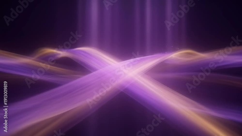 Abstract Purple And Gold Light Waves Flowing And Intersecting With Vertical Beams Of Light Against A Dark Purple Background Creating A Mesmerizing And Ethereal Atmosphere