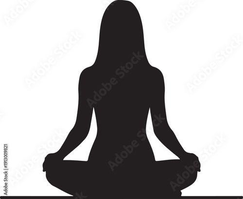 Black silhouette of a woman sitting cross legged on a white background, minimal outline