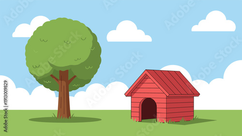 Simple red wooden doghouse sits beside a lush green tree in a grassy field under a clear blue sky with fluffy white clouds.